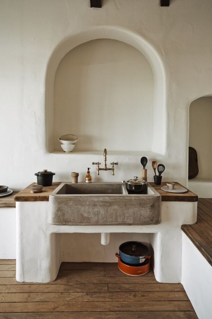 Unique concrete double basin farmhouse sink built into a plastered structure with wooden counters.