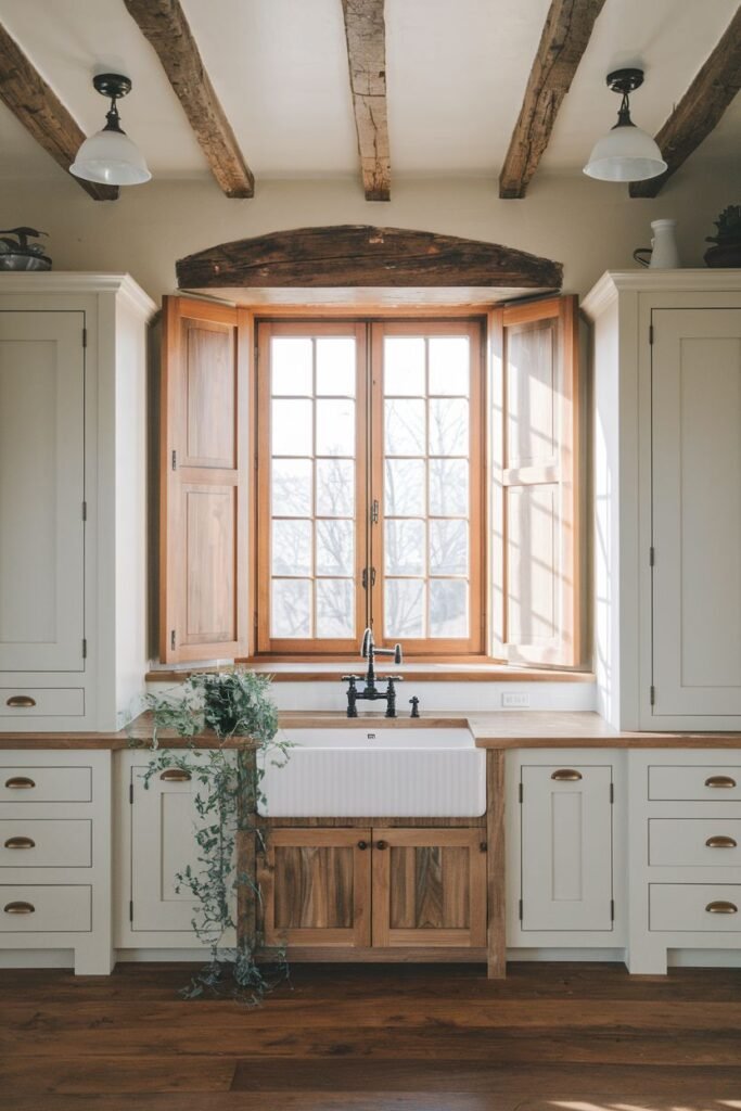 White farmhouse sink supported by a custom wooden base with cabinets and shelves, under a window with shutters.