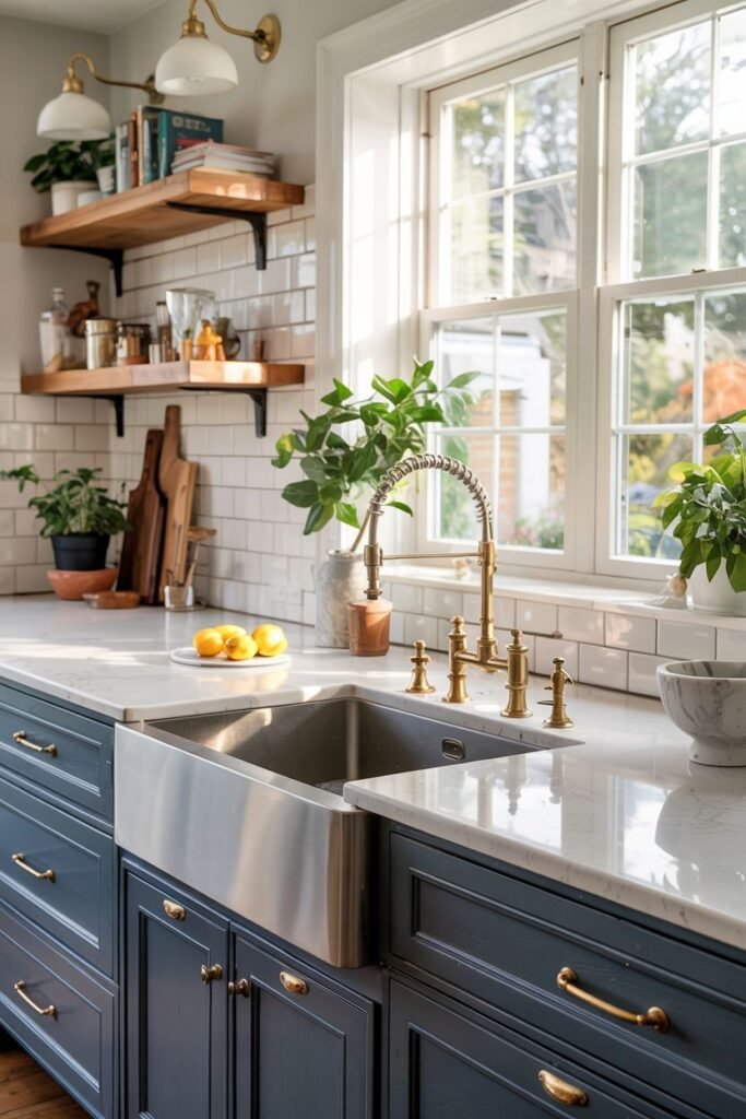 Modern stainless steel farmhouse sink set in a white marble countertop with dark blue cabinets and brass hardware.