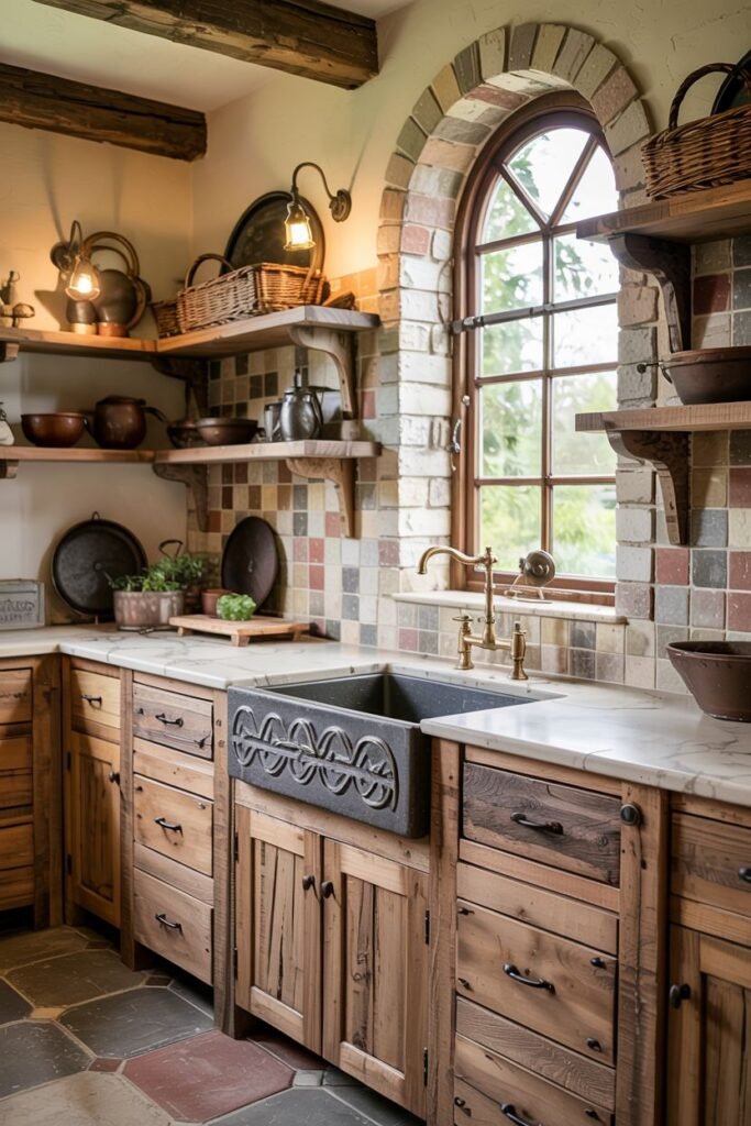 Intricately carved dark farmhouse sink set in a marble countertop with rustic reclaimed wood cabinets and a tiled backsplash.