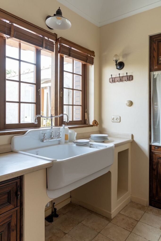 White farmhouse sink with tiled floors, dark wood cabinets, and a window with wooden blinds.