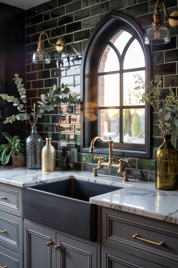 Dramatic dark farmhouse sink set in a marble countertop with dark grey cabinets and glossy dark green tile backsplash.