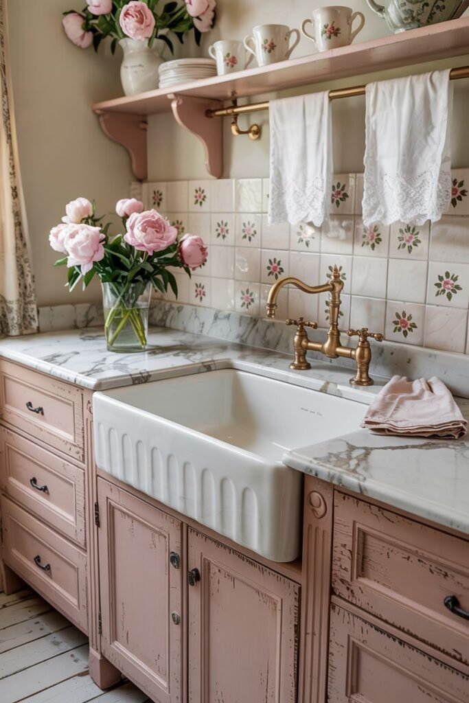 Romantic distressed pink cabinet setting with a white ribbed farmhouse sink and floral tiled backsplash.