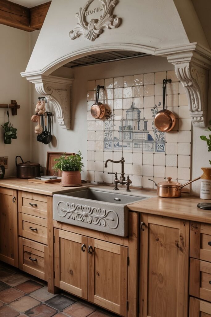 Concrete farmhouse sink with decorative carving, set in a wooden countertop with light wood cabinets and decorative tile backsplash below an ornate hood.
