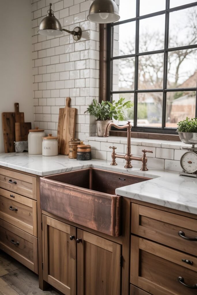 Striking copper farmhouse sink set in a white marble countertop with warm-toned wood cabinets and white subway tile.