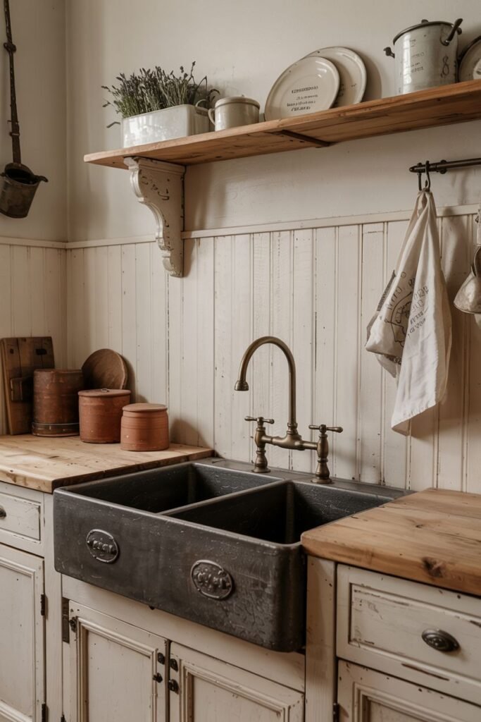 Double basin dark farmhouse sink with raised lettering, set in a wooden countertop with distressed light cabinets and wood paneling backsplash.