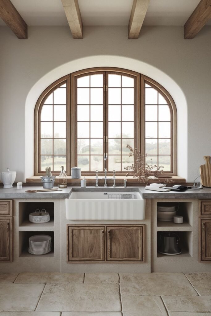 White farmhouse sink under a large arched window, set in a concrete countertop with wooden cabinets and exposed beams.