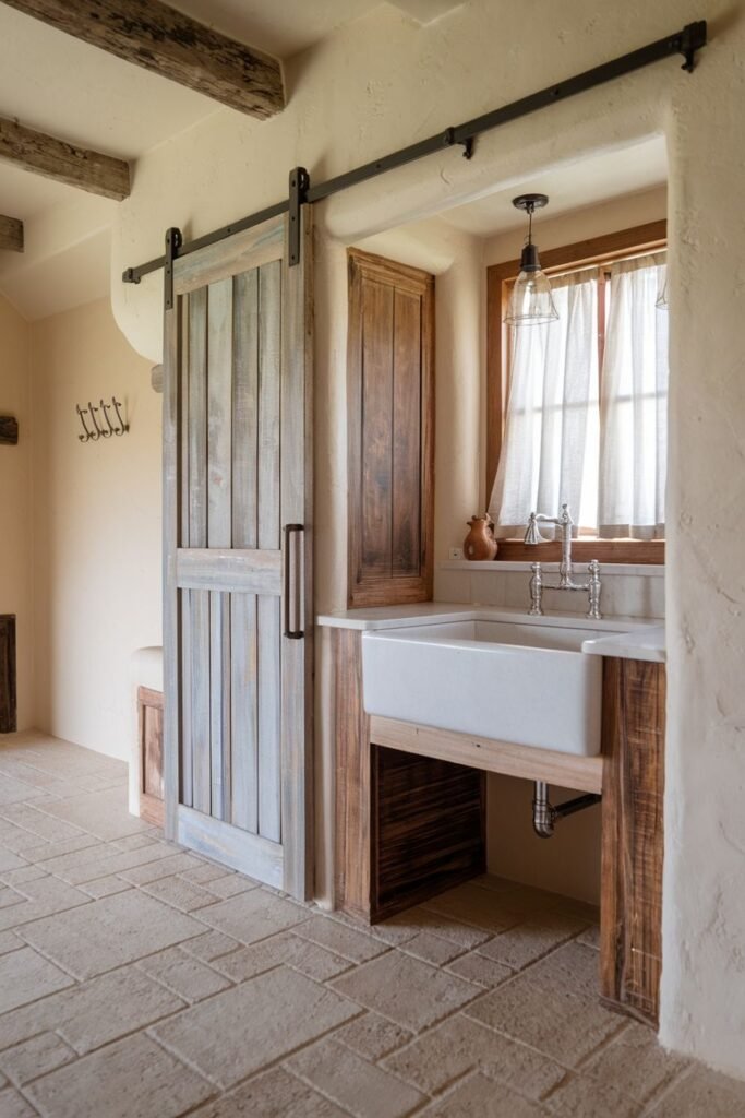 White farmhouse sink with a rustic wooden base next to a window, featuring a large sliding barn door.