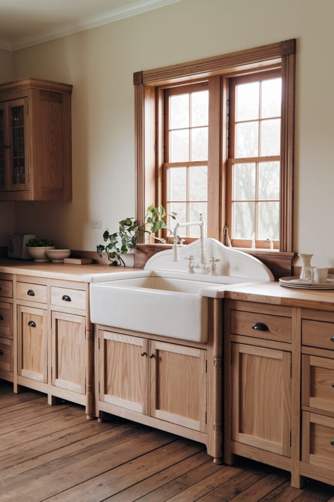 Traditional farmhouse sink with a curved back, integrated into light wood cabinetry and wood countertops.