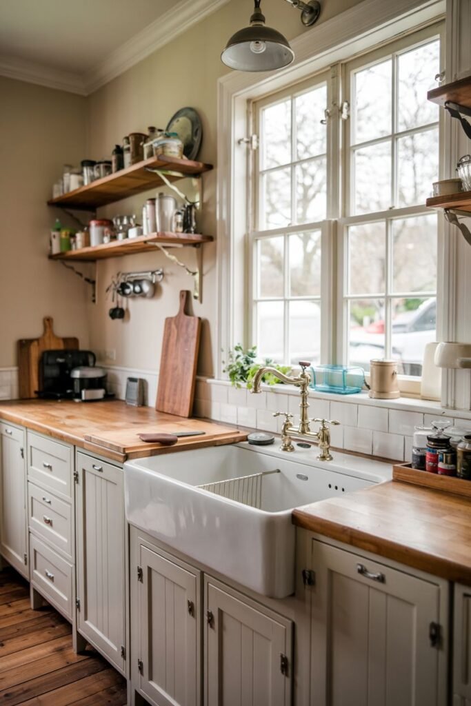 Farmhouse sink with open shelving and butcher block countertop below a large window.