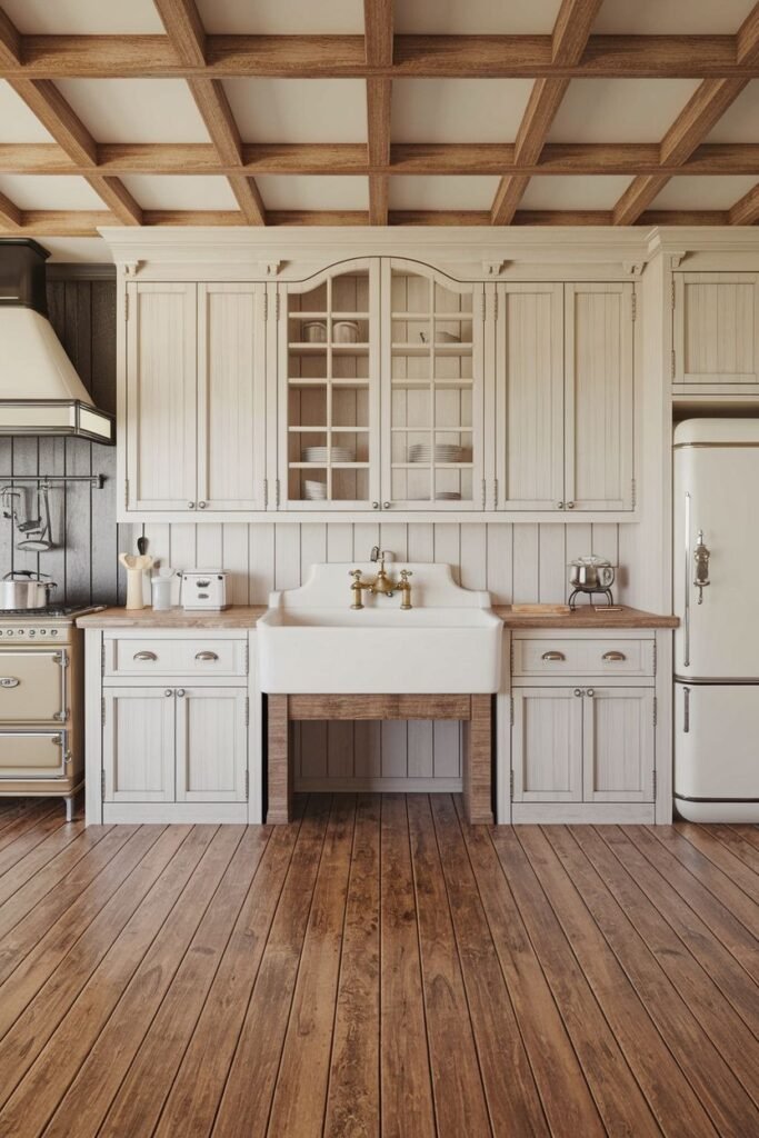 Grand white farmhouse sink centered in a kitchen with white paneled cabinetry, wood countertops, and an exposed beam ceiling.