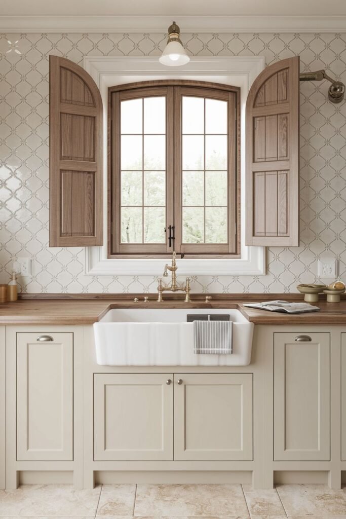 Farmhouse sink with wooden shutters and a neutral palette, set in a wood countertop with tiled backsplash.