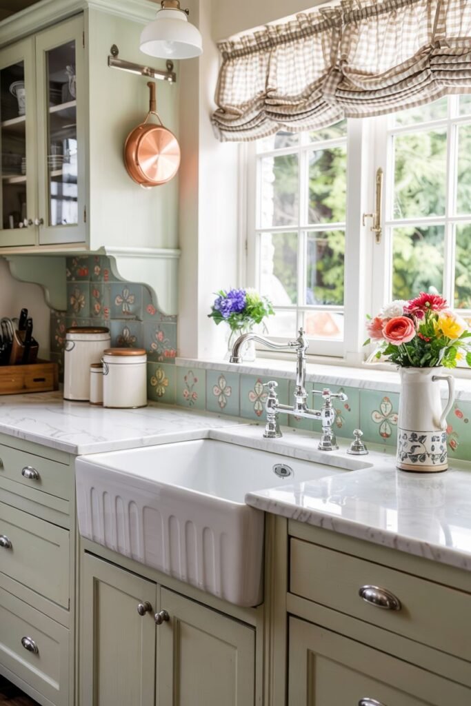 Cottage core ribbed white farmhouse sink with floral tile backsplash and soft green cabinets.