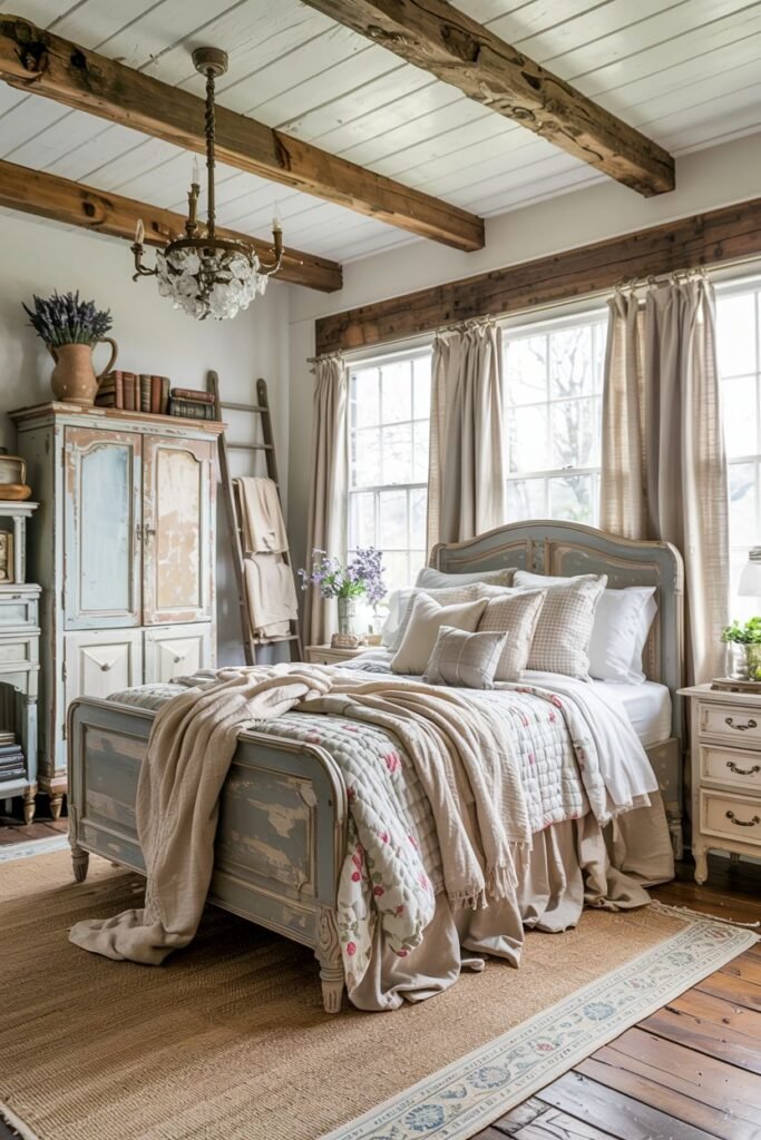 Vintage farmhouse bedroom with a distressed painted bed frame, layered beige and patterned bedding, a rustic blue armoire, exposed wooden ceiling beams, and a chandelier.