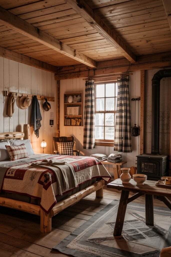 Cozy cabin-style vintage farmhouse bedroom with a wooden bed frame, checkered curtains, a patchwork quilt, wood-paneled walls and ceiling, and a wood stove.