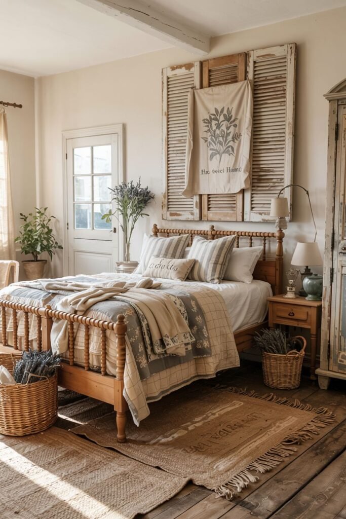 Vintage farmhouse bedroom with a wooden bed frame, large decorative shutters behind the bed, baskets of lavender, and a rustic textured rug.