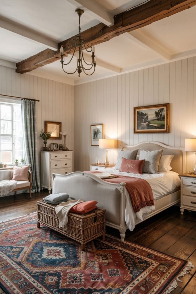 Vintage farmhouse bedroom with a sleigh bed, beige bedding with subtle floral details, a rattan trunk at the foot of the bed, exposed wooden ceiling beams, and a chandelier.