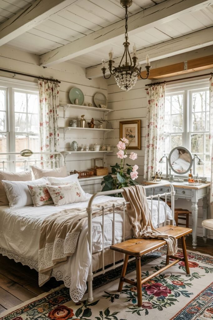 Bright vintage farmhouse bedroom with a white metal bed, floral curtains, open wall shelves displaying dishes, a vintage dressing table, a wooden bench, and painted wooden ceiling beams.