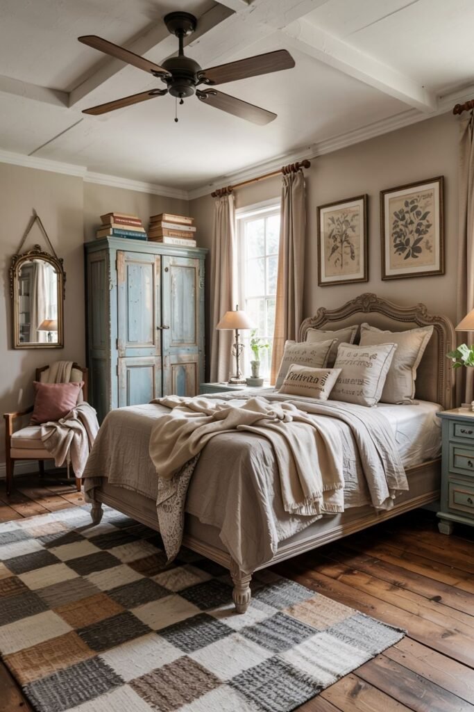Serene vintage farmhouse bedroom with a sleigh bed, neutral beige bedding, a large distressed blue armoire, a checkered rug, and a ceiling fan.