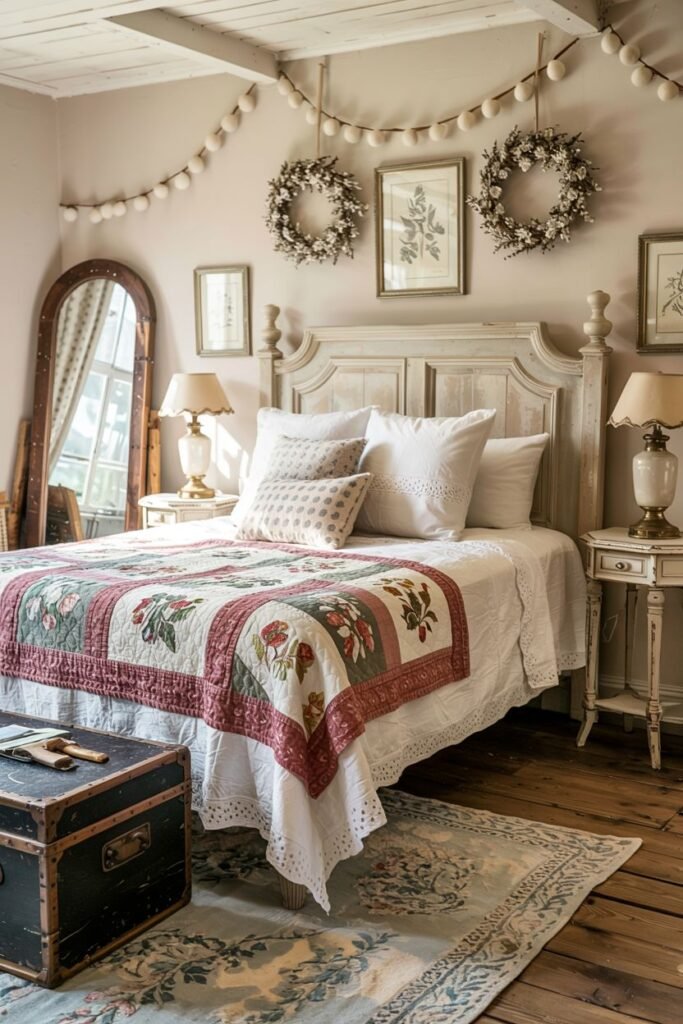 Vintage farmhouse bedroom featuring a white bed with a quilt showcasing a red and green floral design, a large full-length mirror, an antique trunk, and wall decorations.