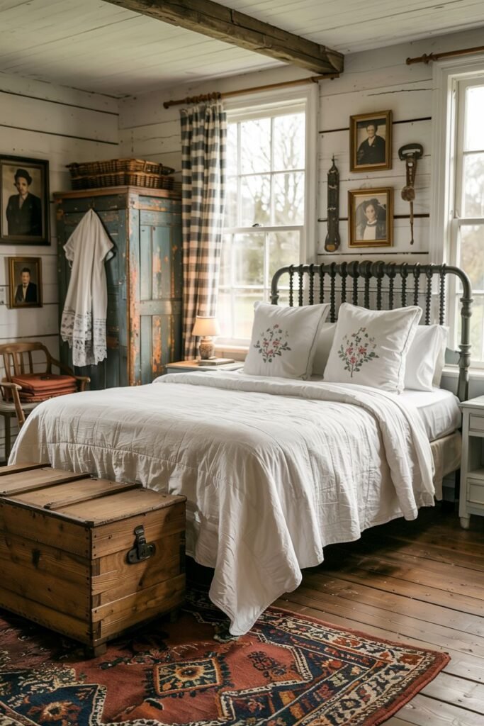 Vintage farmhouse bedroom with a black metal bed frame, simple white bedding, a wooden trunk at the foot of the bed, portraits on the wall, and rustic wooden walls and ceiling.