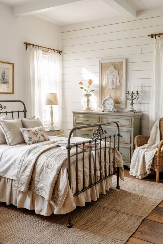 Vintage farmhouse bedroom with a metal bed frame, neutral beige bedding, a distressed green dresser, a wicker chair, and simple white curtains allowing natural light.