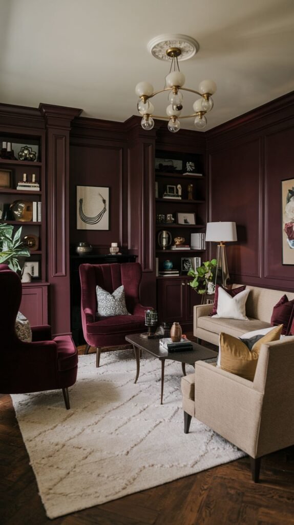 A warm living room with burgundy walls and bookshelves, featuring a beige sofa, burgundy armchairs, and a shag rug.