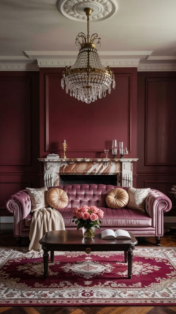 A warm, traditional living room with burgundy walls, a tufted pinkish-burgundy sofa, a fireplace, and a large crystal chandelier.