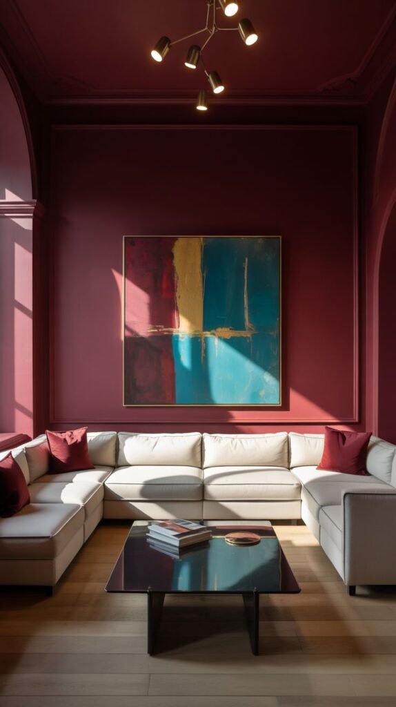 A warm room with burgundy walls and ceiling, a large white sectional sofa with burgundy pillows, and a colorful abstract painting.