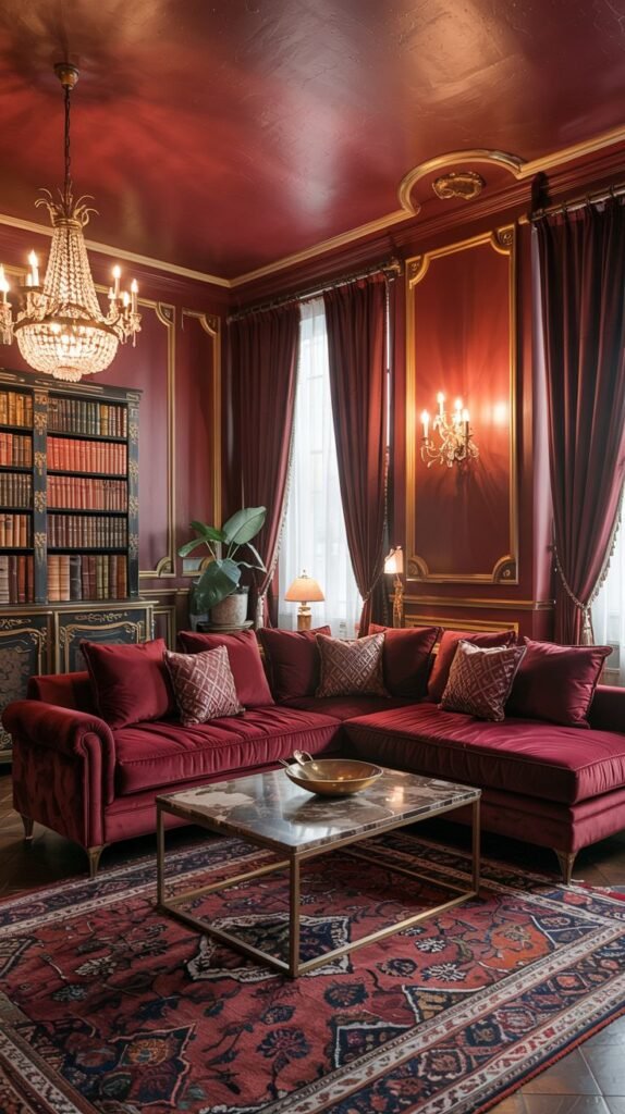 A richly decorated warm room with burgundy walls and ceiling, a large sectional sofa in deep red velvet, and a patterned rug.