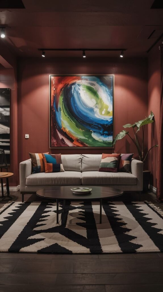A warm living room with burgundy walls, a light grey sofa with colorful pillows, a round coffee table, and a striking patterned rug.