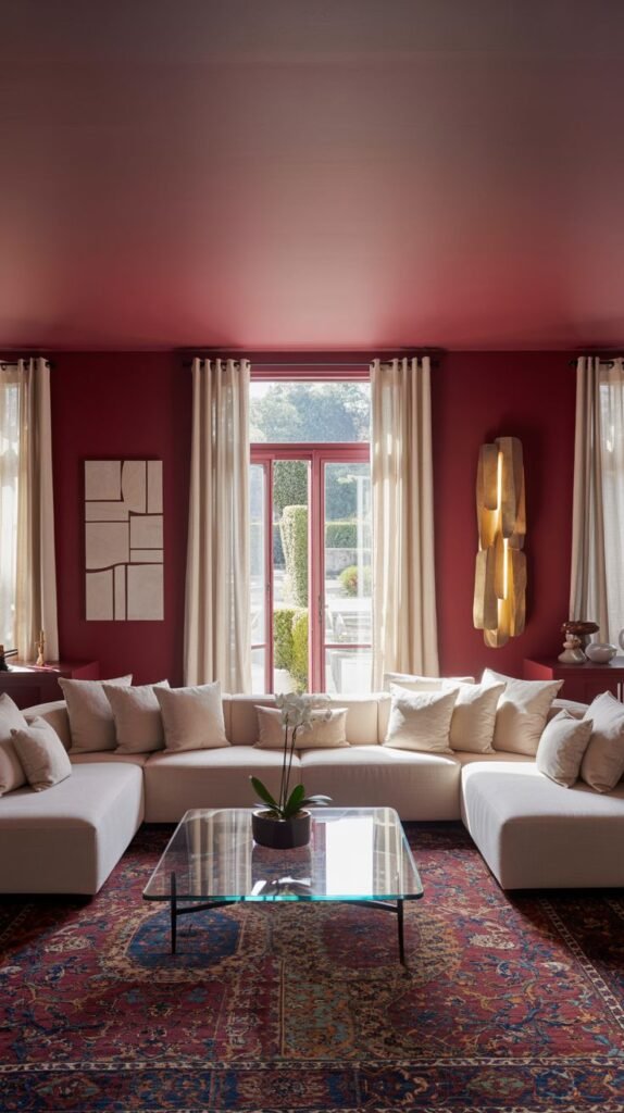 A warm room with burgundy walls and ceiling, a large white sectional sofa, a glass coffee table, and a traditional rug with red and blue tones.