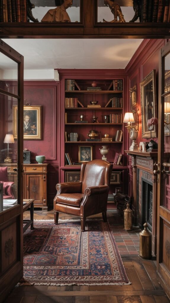 A warm, traditional study or library with burgundy walls, a brown leather armchair, bookshelves, and a patterned rug.