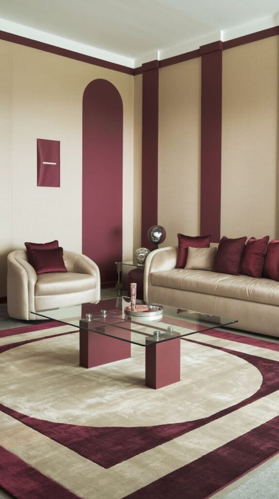 A warm room with beige walls accented with burgundy stripes and arches, featuring a light sofa and armchair, and a circular rug with burgundy details.