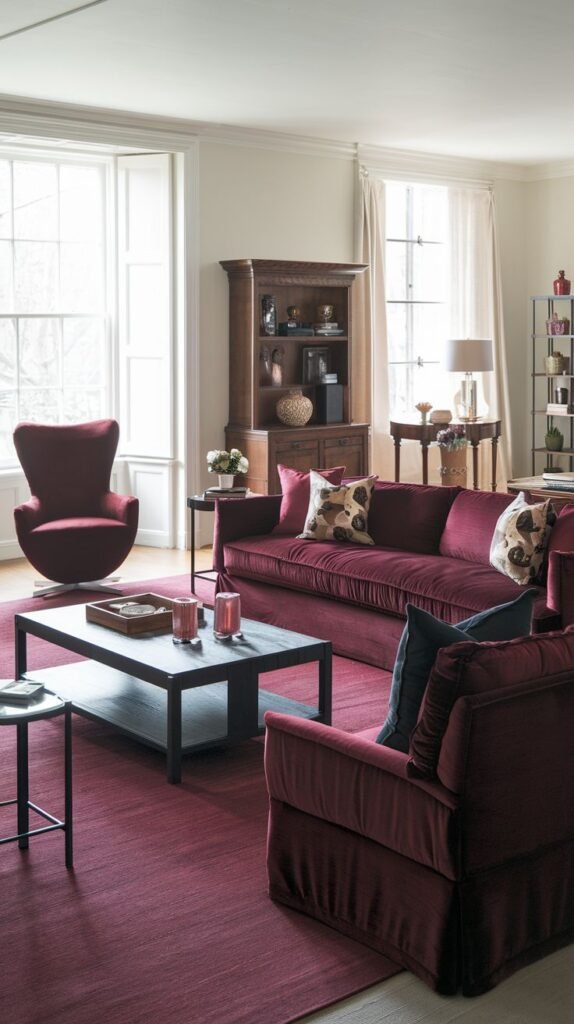 A warm living room with a burgundy sofa and armchairs, a black coffee table, and a solid burgundy rug.