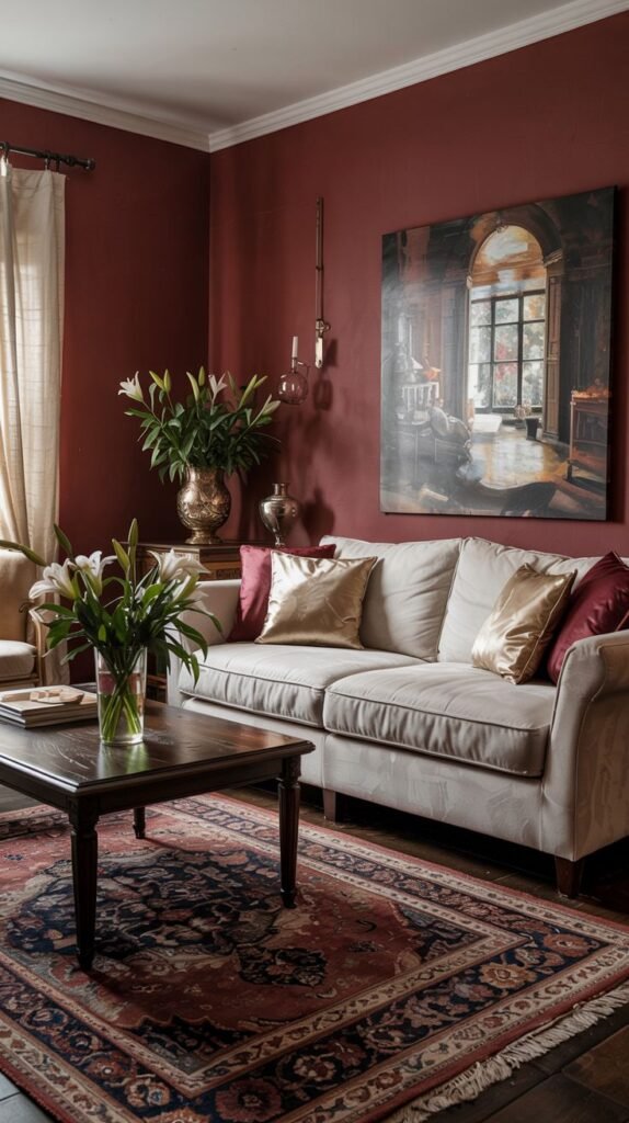 A warm living room with burgundy walls, a light-colored sofa with gold and burgundy pillows, and a patterned rug.