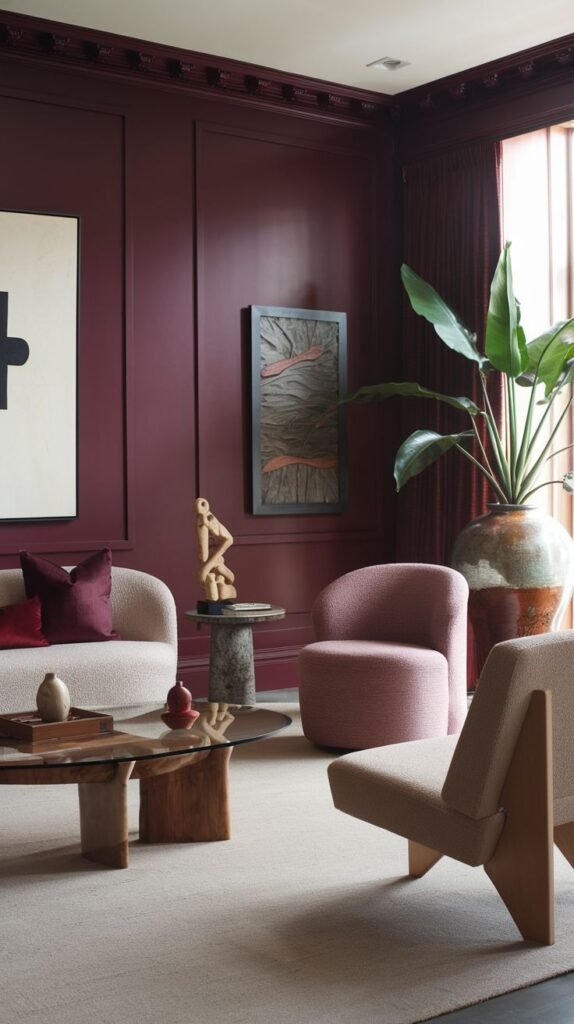 A warm room with burgundy paneled walls, a light-colored sofa, pink and beige armchairs, and various art pieces.
