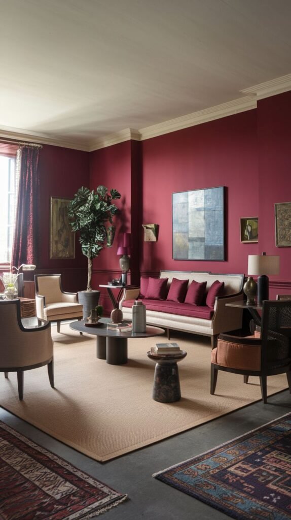 A warm and inviting living room with burgundy walls, a light sofa, multiple chairs, and a large tree.