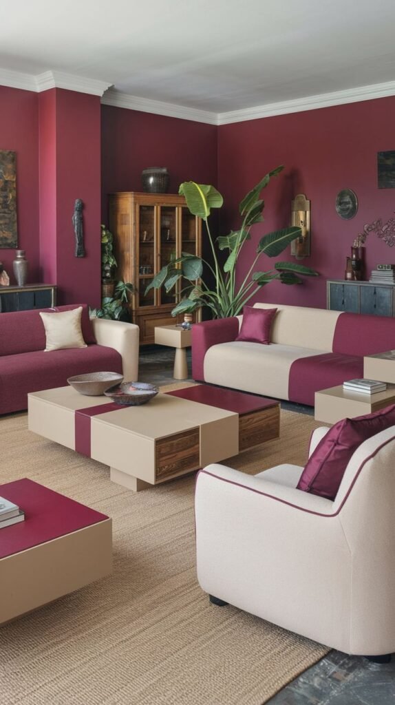A spacious warm living area with burgundy walls, several light-colored seating arrangements accented with burgundy, and multiple coffee tables.