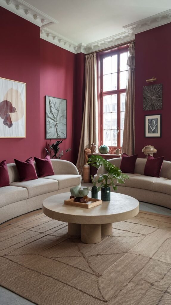 A warm room with burgundy walls, two curved light-colored sofas, a large round coffee table, and a geometric rug.