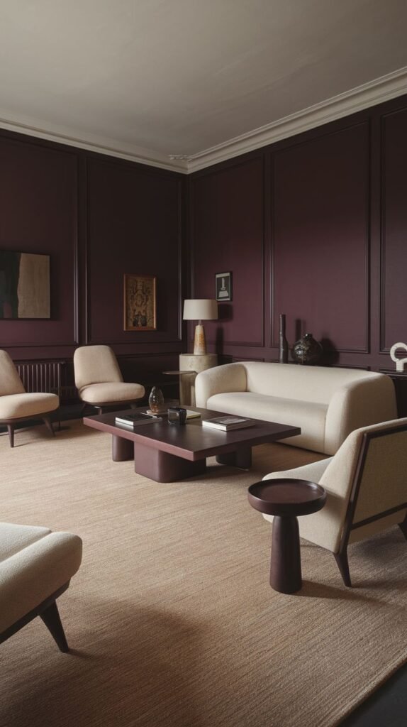 A warm living room with burgundy paneled walls, light-colored sofas and armchairs, and a rectangular coffee table.