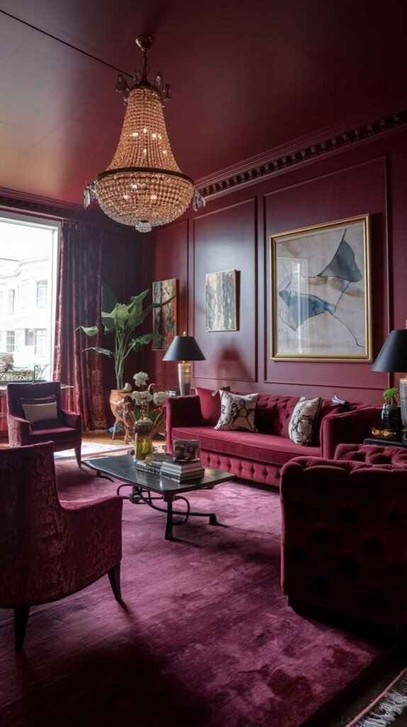 A luxurious warm room with burgundy walls and ceiling, tufted burgundy sofas and armchairs, and a large crystal chandelier.