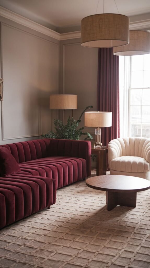 A warm room with a segmented burgundy sofa, a beige armchair, and two drum-shaped pendant lights.