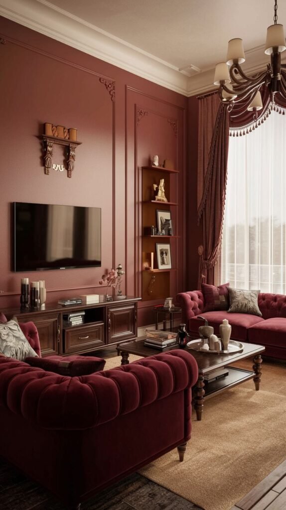 A formal warm living room with burgundy walls, tufted burgundy sofas, a coffee table, and a large television.