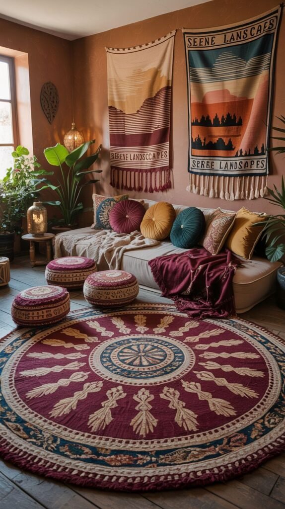 A warm, bohemian-style room with orange-toned walls, a light sofa with colorful pillows, and a large circular patterned rug with burgundy elements.