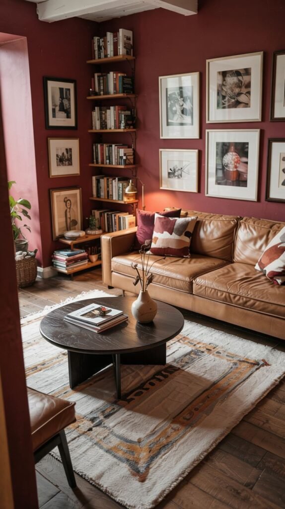 A warm living room with burgundy walls, a brown leather sofa, a round coffee table, and a gallery wall of framed pictures.