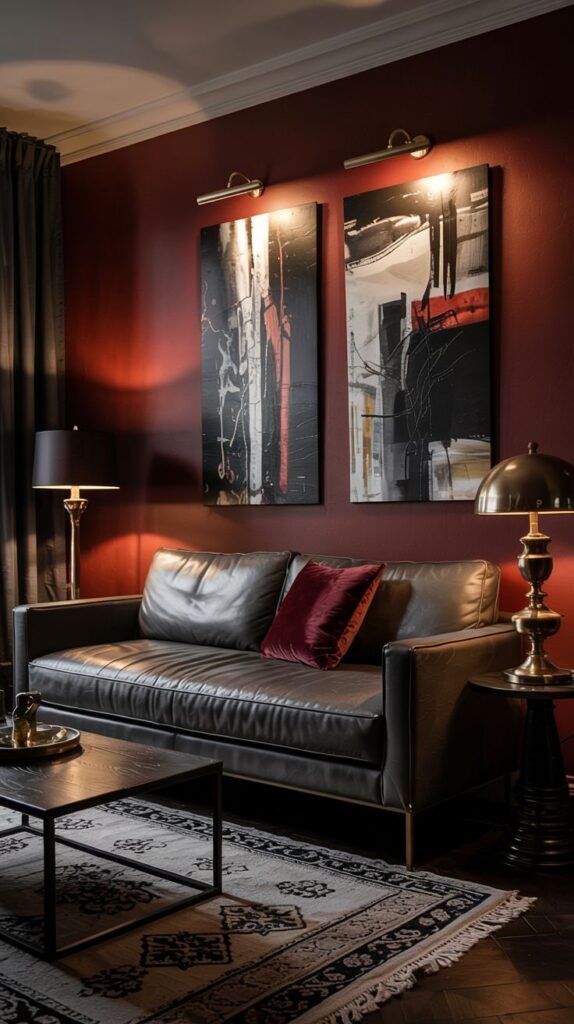 A warm room with burgundy walls, a dark leather sofa with a burgundy pillow, a coffee table, and two framed abstract artworks.