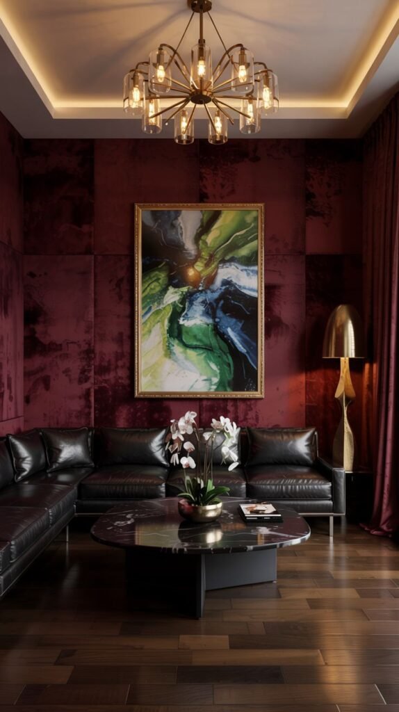 A luxurious warm room with textured burgundy walls, a dark leather sectional sofa, a marble coffee table, and a large abstract painting.