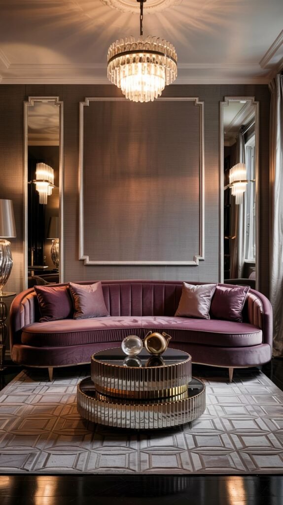 A warm, elegant room with a curved pinkish-burgundy sofa, a gold tiered coffee table, and a crystal chandelier.