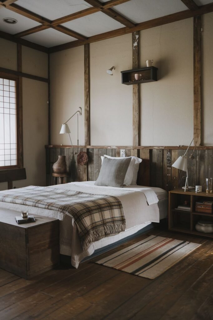 A warm, wabi sabi bedroom featuring a wooden bed with a plaid blanket, striped rug on a wooden floor, wooden ceiling beams, and simple decor.
